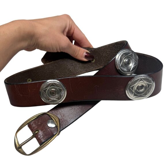 Vintage Southwestern Dark Brown Leather Belt w/ Sun Disc Concho Buckle – Unisex - Picture 3 of 11